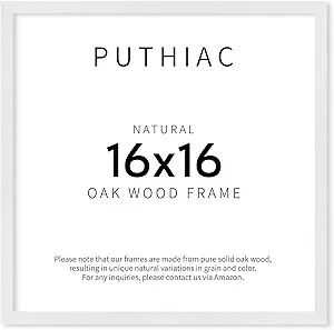 puthiac 16x16 White Picture Frames for Wall - Minimalist 16x16 Oak Wood Frames, 16"x16" Picture Frame Wood, Natural Solid Wooden Picture Frames for Wall Art Photo and Prints (1 Pack, White)