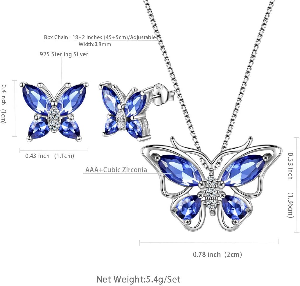 Aurora Tears Butterfly Jewelry,Women 925 Sterling Silver Butterflies Birthstone Pendant Necklace/Earrings/Rings Wedding Gift