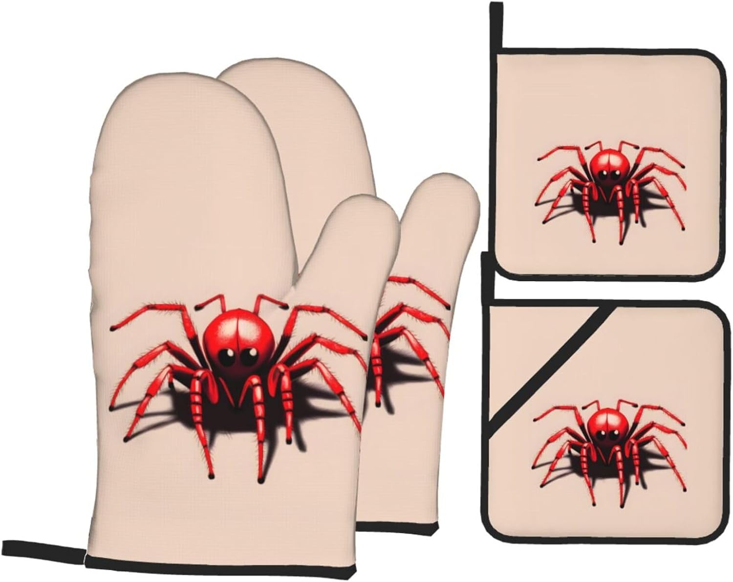 Cute little red spider Oven gloves and heat-resistant mat 4-piece set. Suitable for grilling, microwave oven frying, and baking