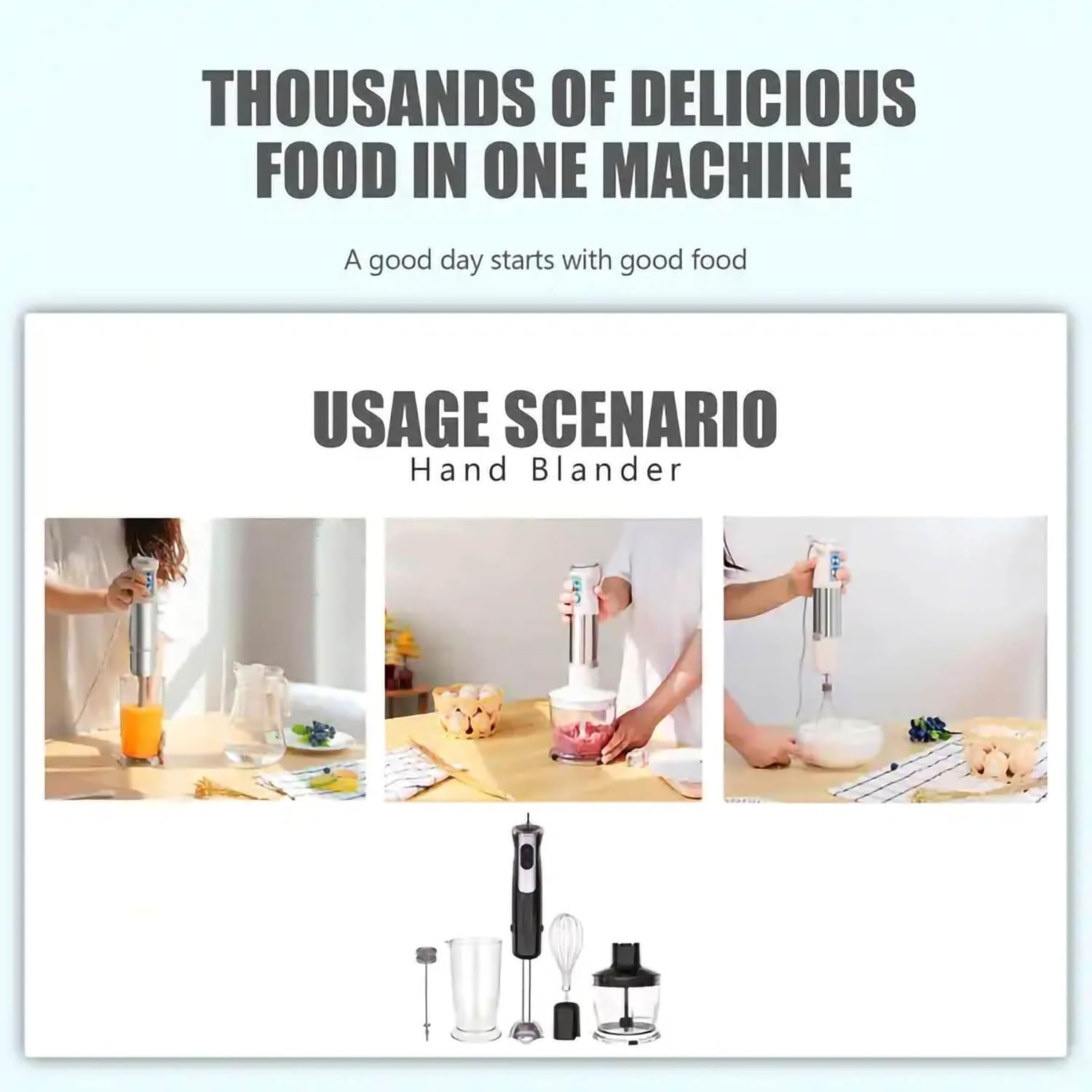 Immersion Hand Blender 600W Hand Mixer With Stainless Steel Blade, Black Stick Blender Container Chopper for Baby Food Smoothies Soup