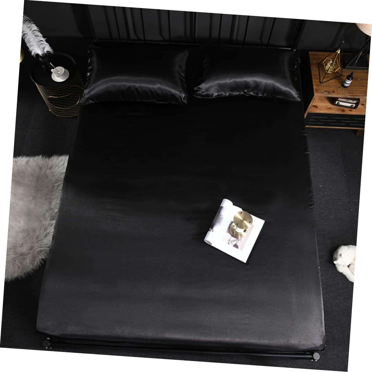 Queen Imitation Silk Bed Cover Mattress Protector Black Silk Full Satin Bed Set