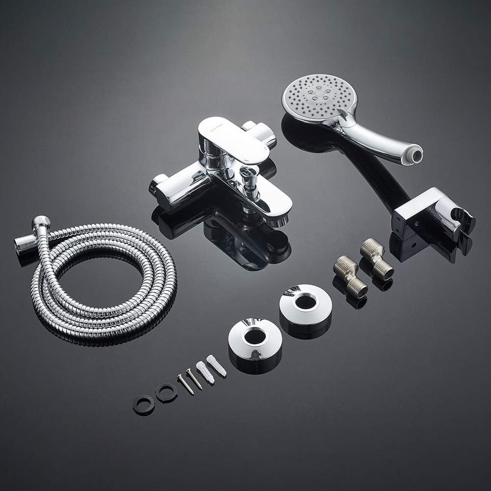 All components of the GRIFEMA Berlin-G13004 mixer tap laid out on a dark surface, including the main tap unit, shower head, hose, wall mount, and small installation parts.