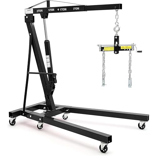 2-Ton Folding Engine Hoist Cherry Picker 4400 Lb Capacity Hydraulic Shop Crane with Telescoping Boom 6 Caster Wheels for Automotive Repair (Black, Engine Hoist with Lever)