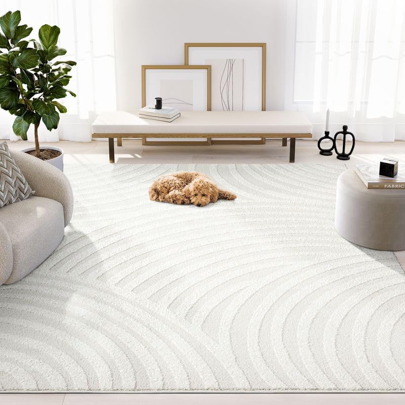 Abani Nomad Cream Tone-on-Tone Area Rug 4' x 6' for Living Room, Bedroom - Linear Curves Pattern - Durable & Easy to Clean
