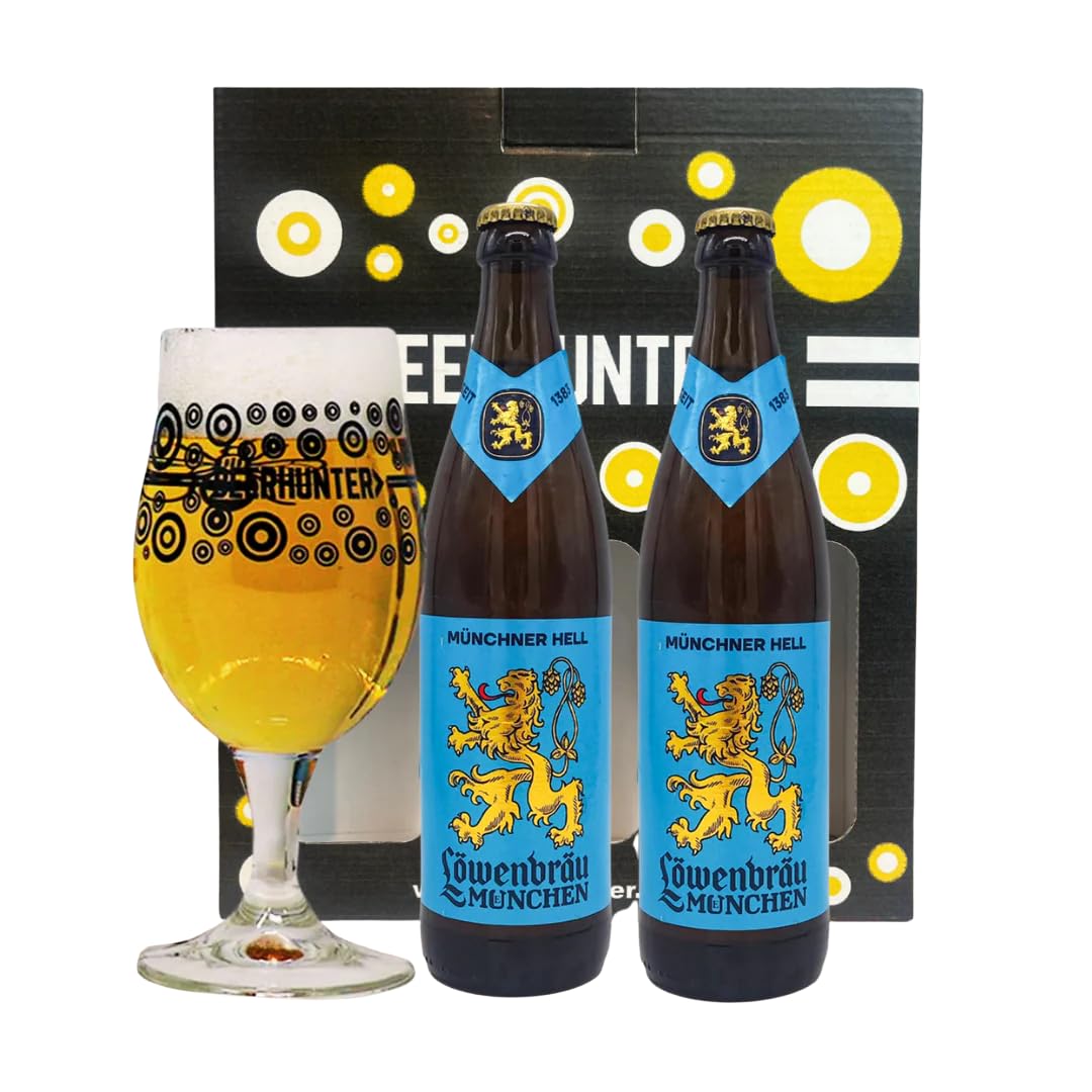 Lowenbrau Helles German Lager Gift Set with Beerhunter Glass (2 Pack)