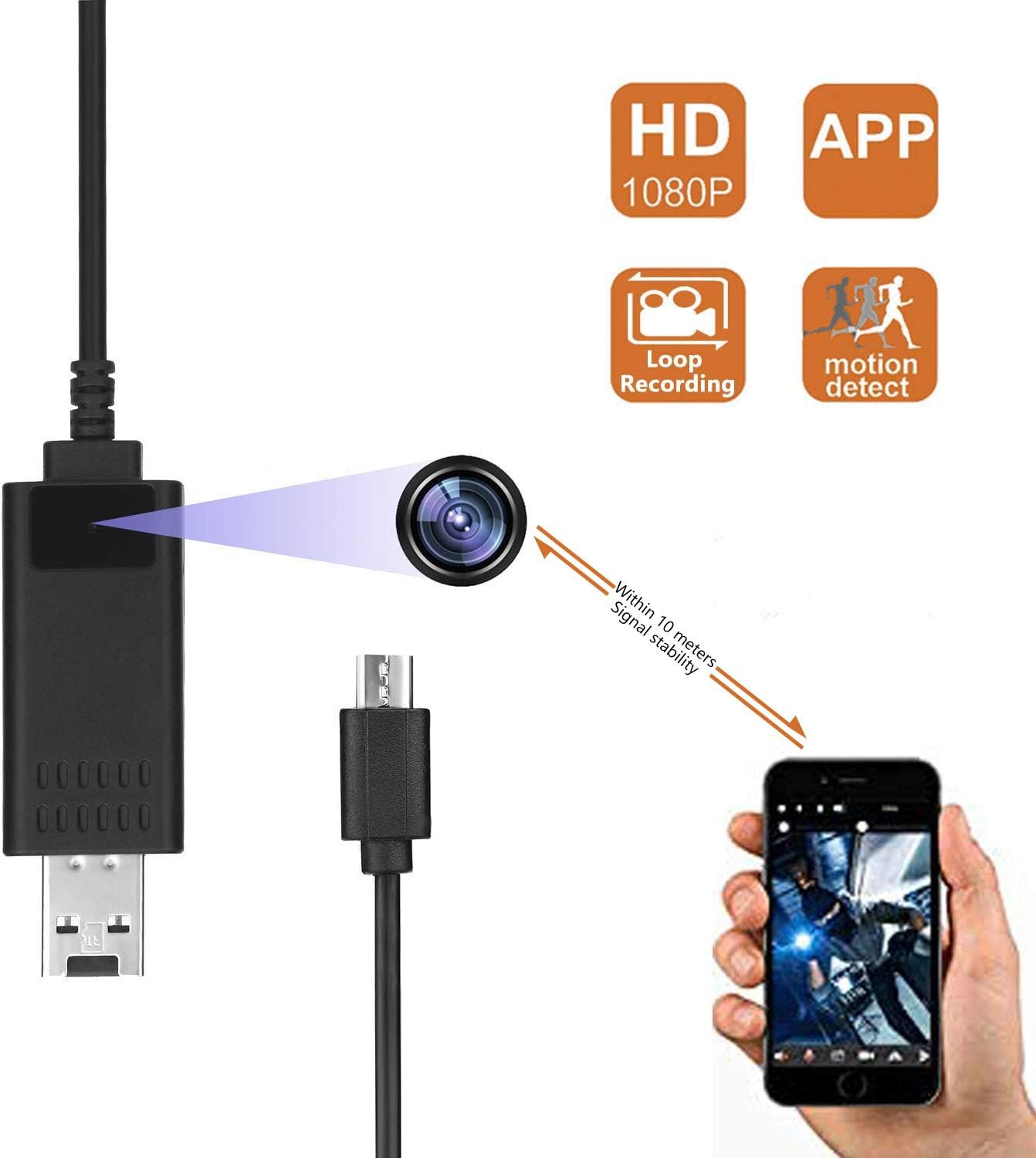 P2P hidden camera 1080P USB date cable spy wireless surveillance camera with motion detection recording security camera, App control for IOS and Android 10M Stable Signal
