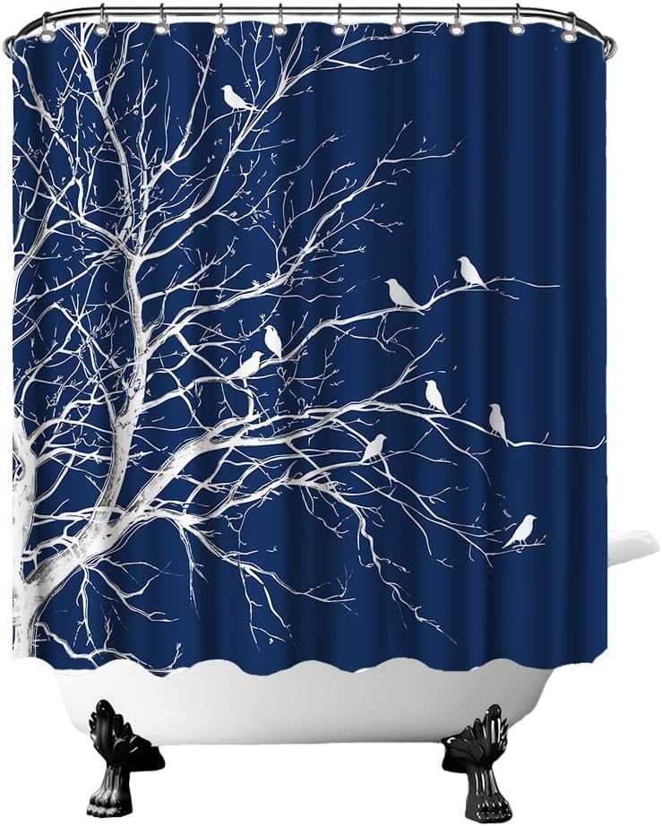 FuShvre Navy Blue Shower Curtain Tree and Birds Bath Curtain Nature Bathroom Decor Hooks Included 72x72 inches