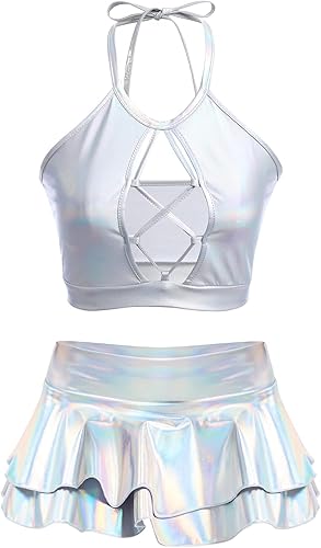 ABAFIP Conjunto de ropa holográfica para mujer, con tirantes holográficos, top corto con volantes, minifalda metálica para festivales