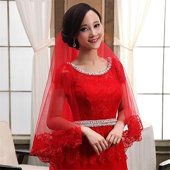 Women Vintage 3M Red Lace Appliques Long Wedding Bridal Veil Hair Accessories