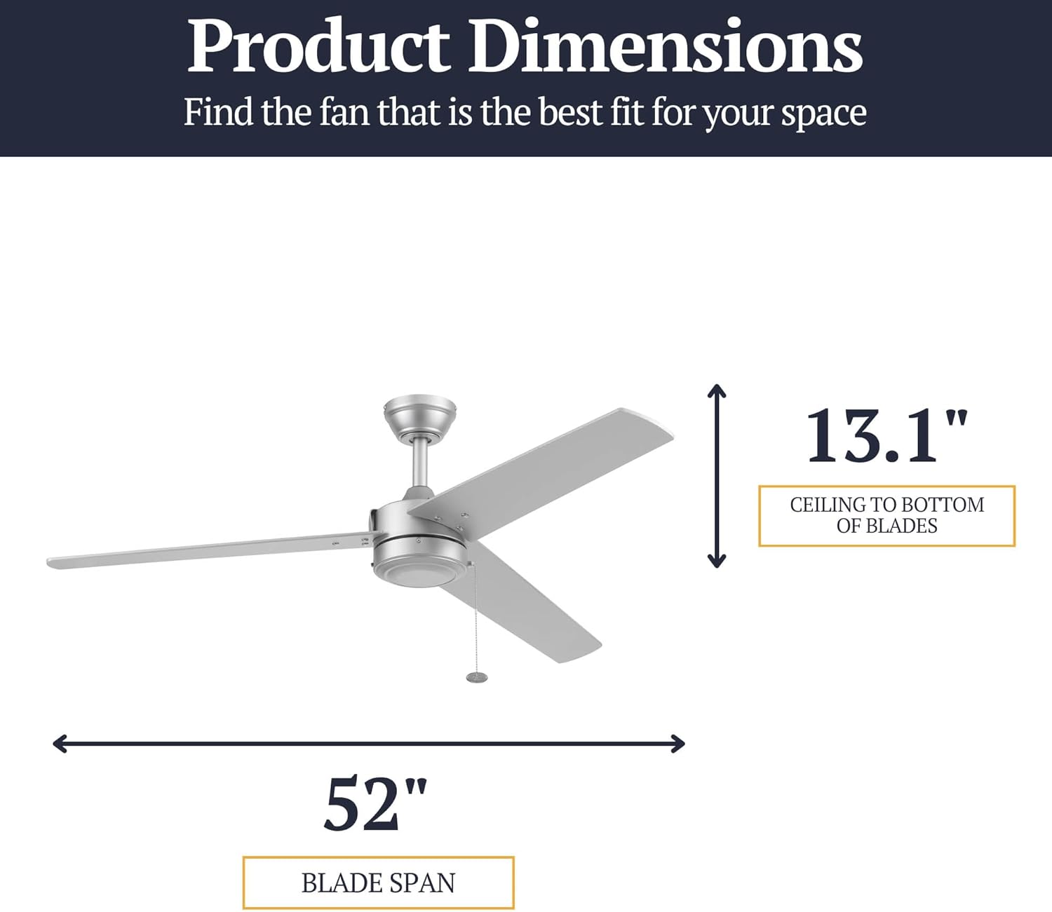 Prominence Home Tenant, 52 Inch Contemporary Indoor Outdoor LED Ceiling Fan, No Light, Pull Chain, Dual Mounting Options, 3 Dual Finish Blades, Reversible Airflow - 51867-01 (Brushed Nickel)