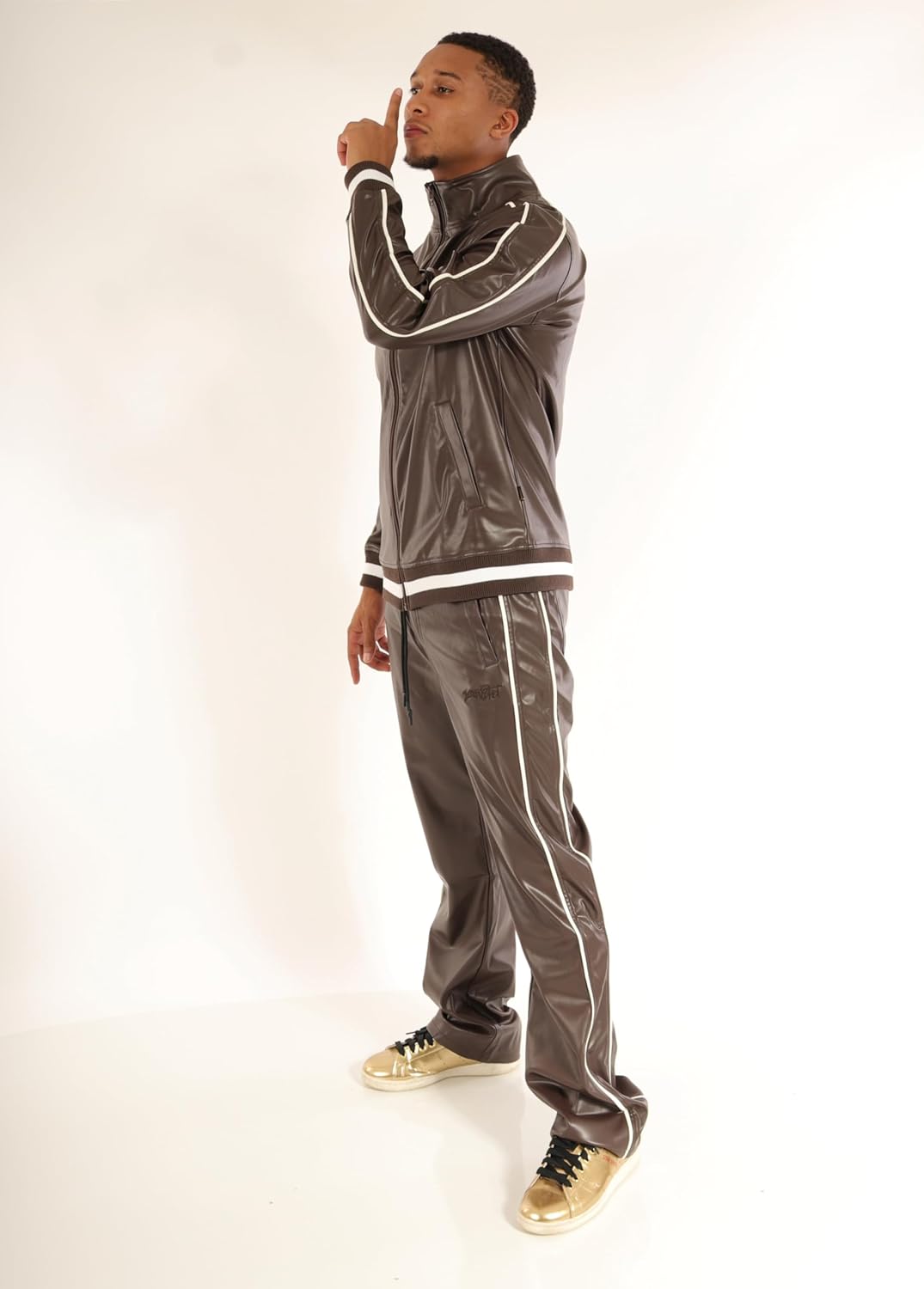 SCREENSHOT Tracksuits 3202 Mens PU Urban Premium Track Set Vegan Leather Athletic Streetwear Fashion Suit - Image 4