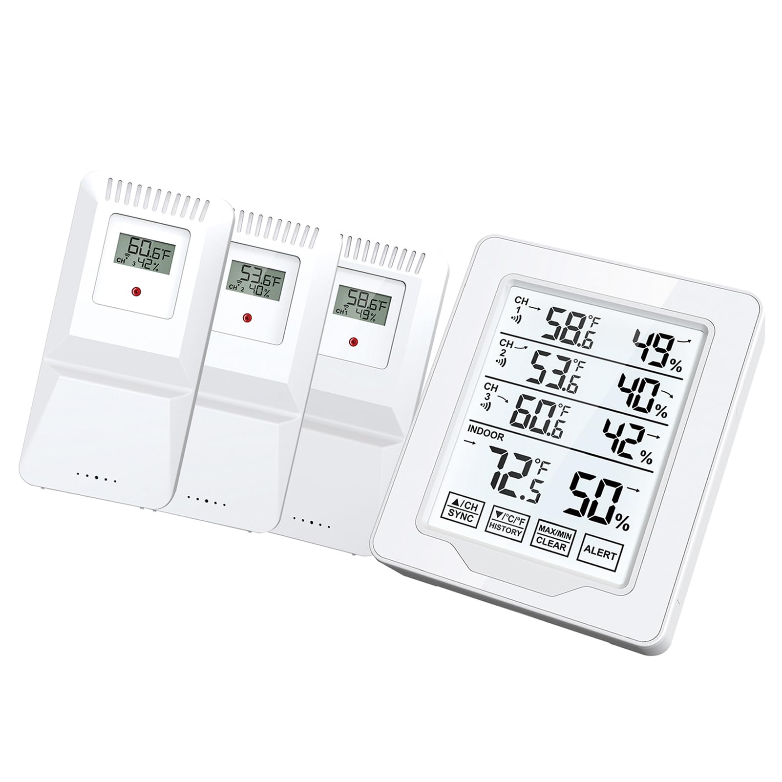 Termometro per interni ed esterni Monitor di umidità con 3 sensori remoti Termometro igrometro retroilluminato bianco Materiale ABS applicabile per ufficio domestico