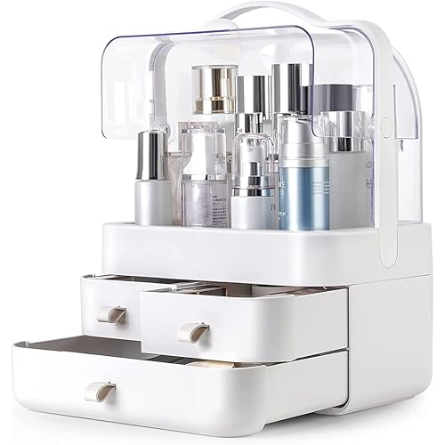 Organizador de maquillaje, exhibición de almacenamiento de cosméticos a prueba de polvo y agua con tapa totalmente abierta, cajones y asa para el