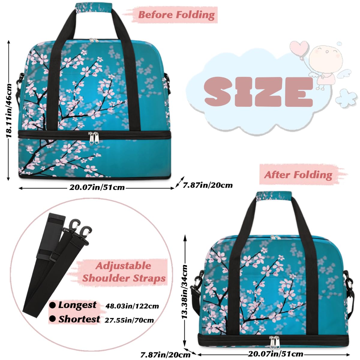 Bolsa de viaje plegable con estampado de flor de cerezo de 47 L, bolsa de fin de semana con funda de carrito de hombro separado para deportes, gimnasio, viajes, multicolor, 47L, Bolsa de viaje