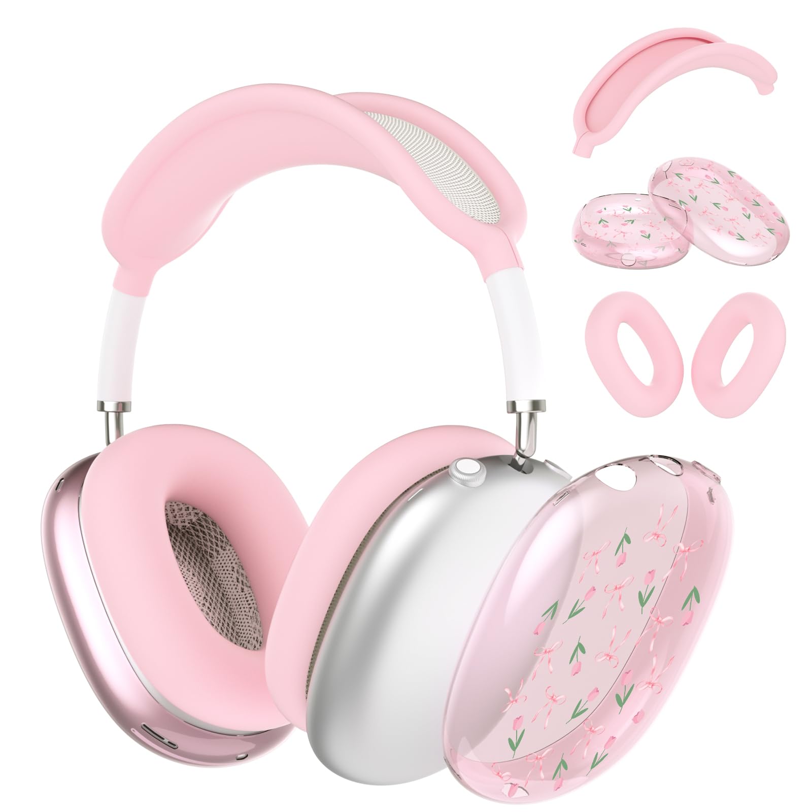 Idocolors Silicone Case Cover for AirPods Max Headphones, Clear Tulip Floral Soft TPU Ear Cups Cover/Ear Pad Case Cover/Headband Cover for AirPods Max