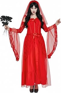 Halloween Women Red Bride Costume Gothic Ghost Bride Dress with Veil Flower for Wedding Cosplay