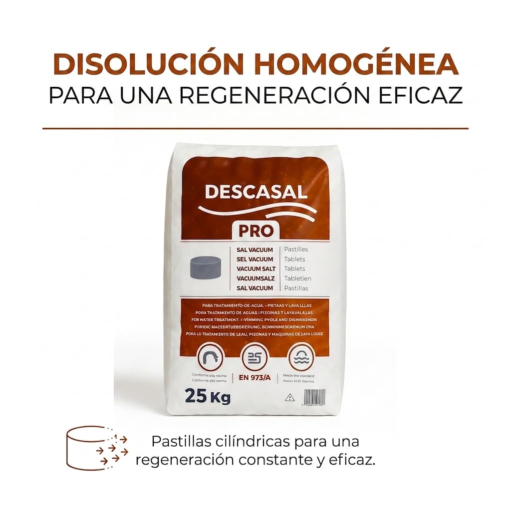 SAL DESCALCIFICADOR 25 KG | SAL NATURAL EN PASTILLAS PARA DESCALCIFICADOR I SACO 25kg | RENDIMIENTO MAXIMO Y DISOLUCION PROGRESIVA.