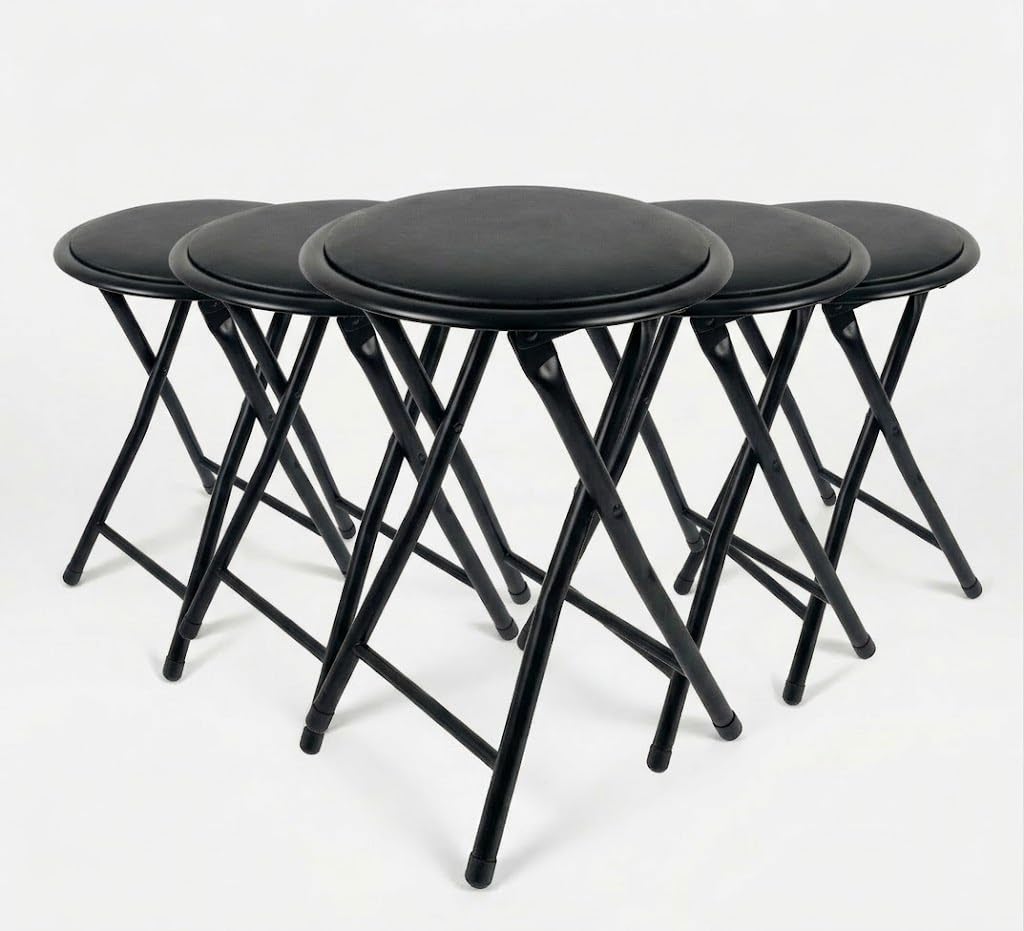 SuperGift.com 5x Black Round Compact Padded Folding Stool Chair For Breakfast, Office Stool, Folding Kitchen Stool, Desk Stool, Foldable Bar Stools