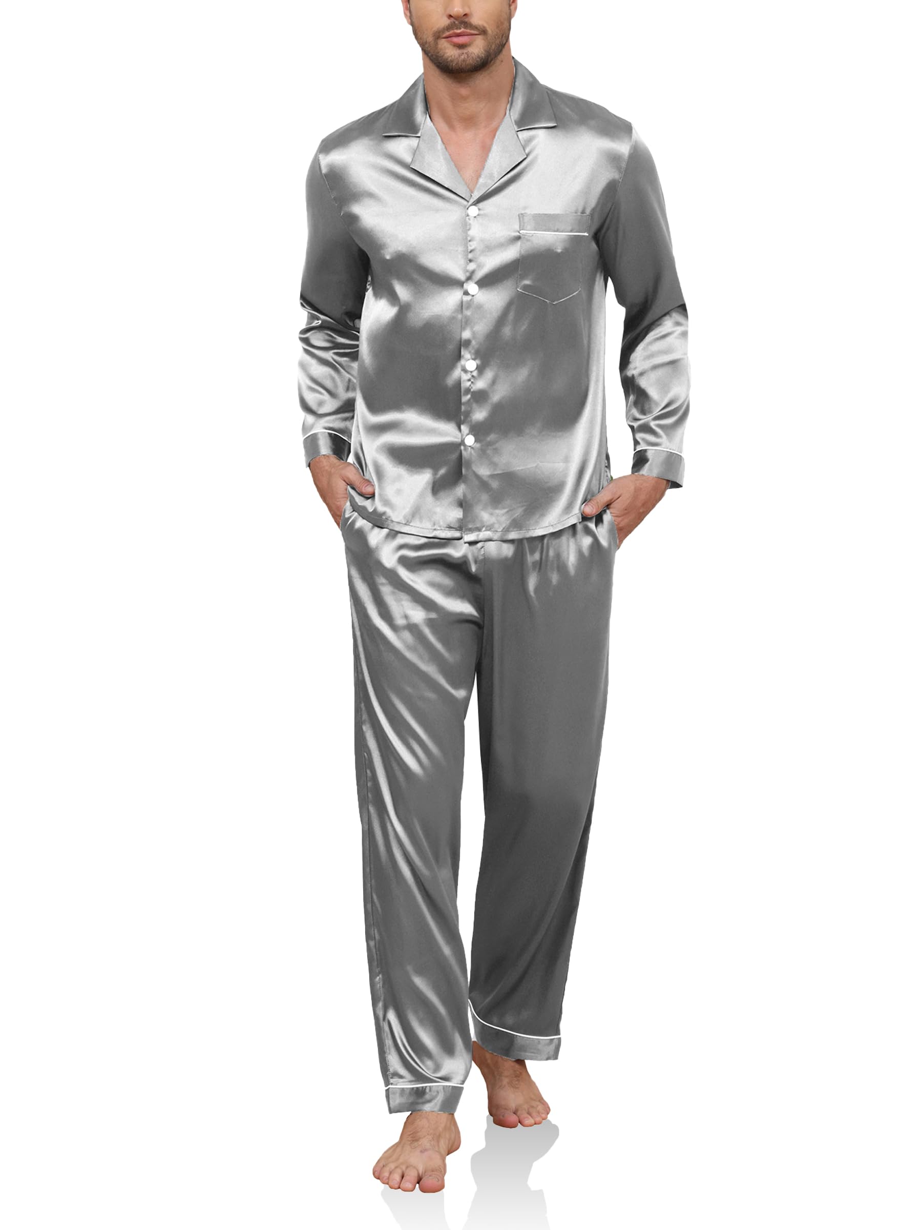 Reliwel Men's Light Grey-Long Silk Pyjamas Two Pieces Pyjamas For Long Sleeve Button Down Sleepwear Notch Collar Loungewear Breathable Nightwear Pjs Light Grey L