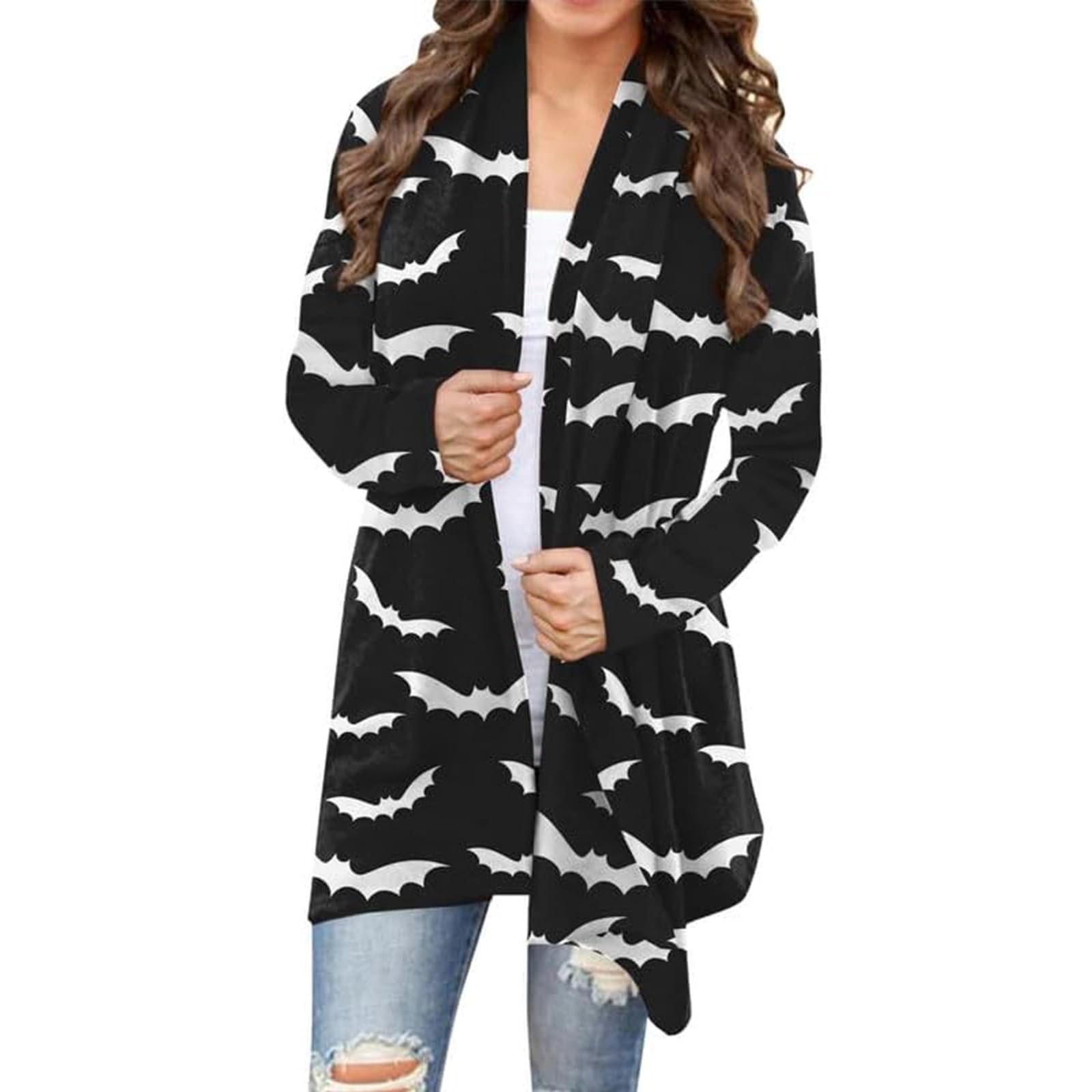 BOUTIKOME Women's Halloween Cat Pumpkin Cardigan Long Sleeve Open Front Knit Outwear Coat Plus Size Knitting Sweater Top
