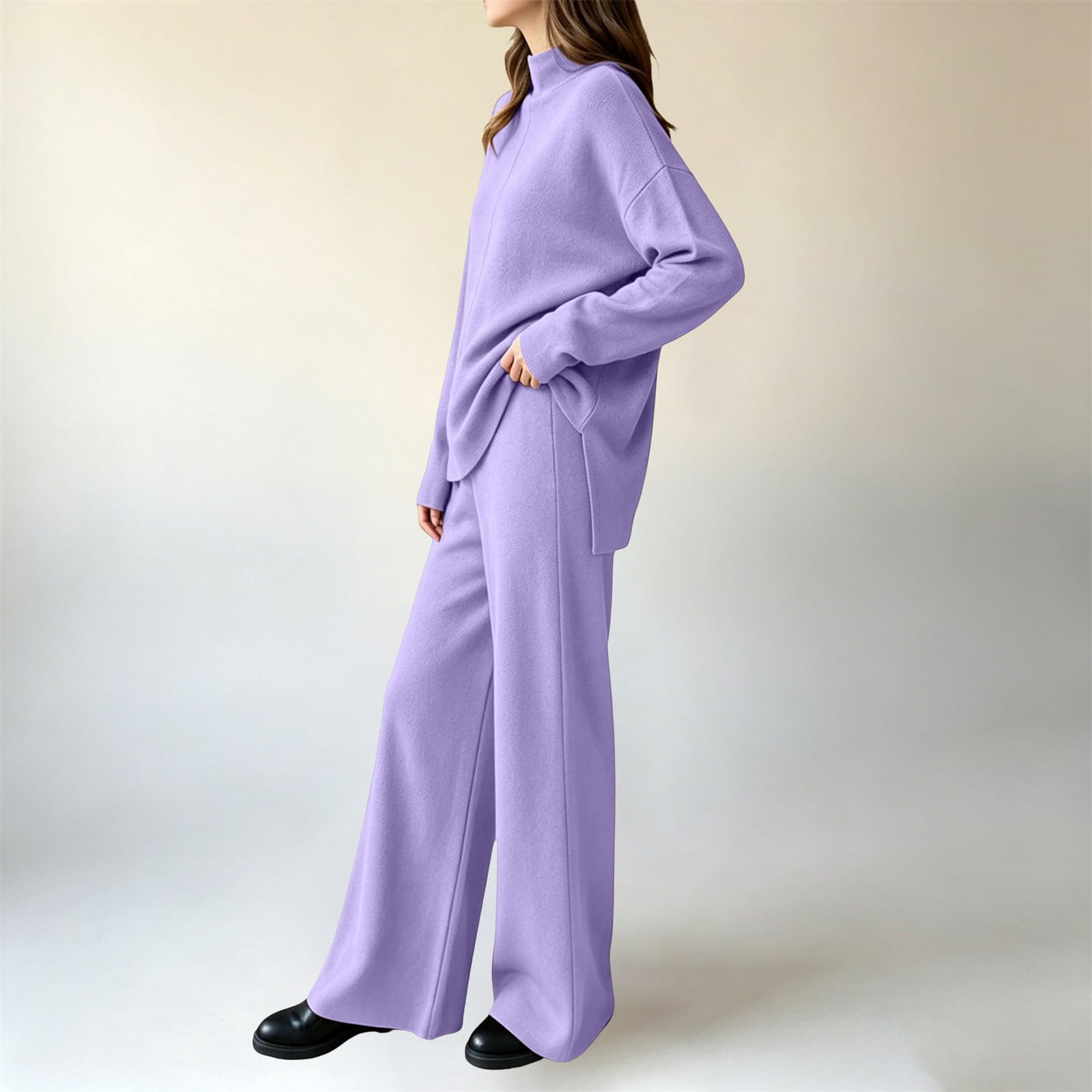 Set da donna in due pezzi, elegante, 2 pezzi, pantaloni lunghi ed eleganti | Maglia a collo alto, tinta unita, con pantaloni dritti, tuta per il tempo libero, morbida e confortevole, tinta unita