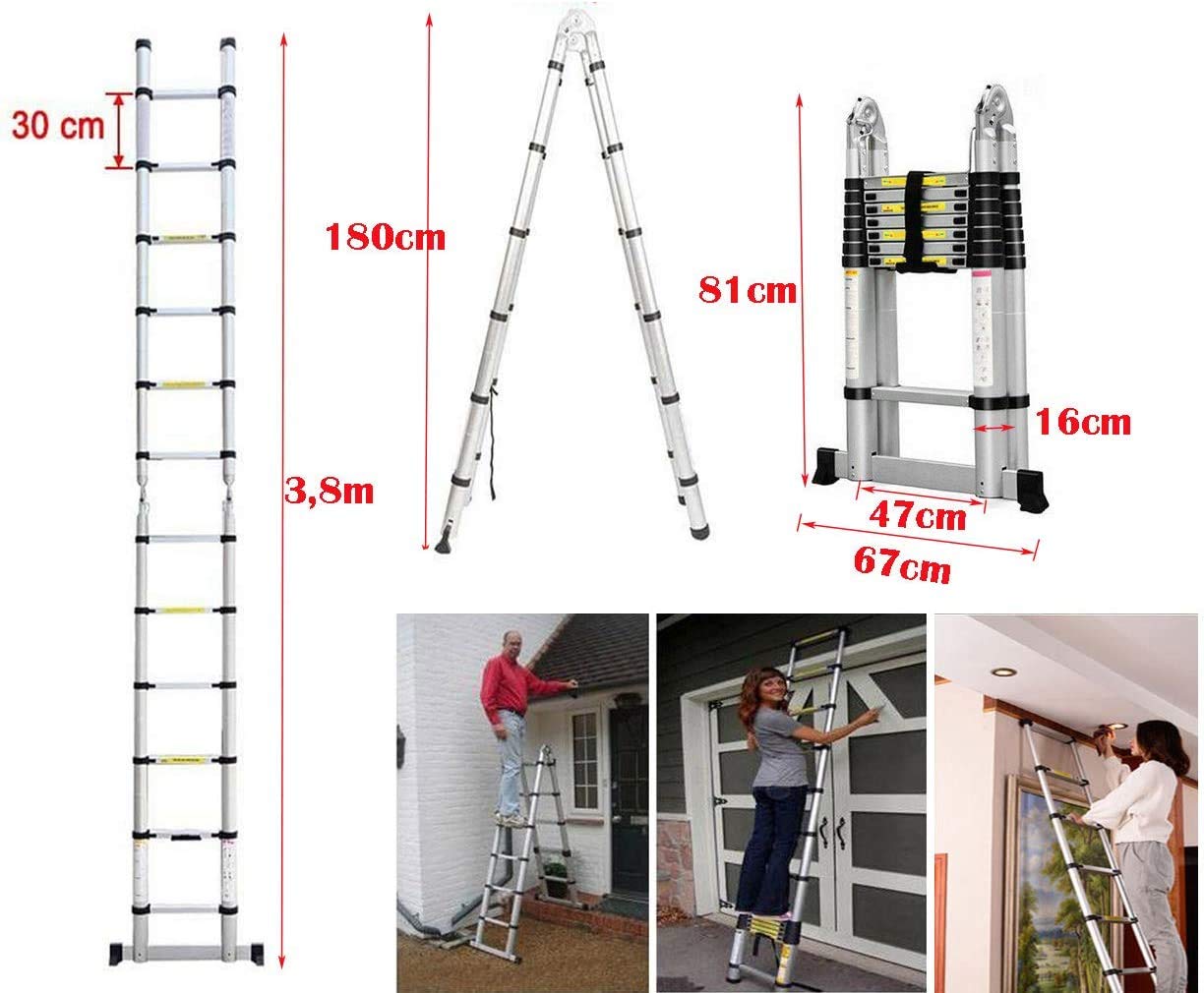 Uniwersalna drabina teleskopowa 3,8 m, ze stabilizatorem, wyciągana drabina 1,9 m + 1,9 m, składana drabina wysuwana, konstrukcja teleskopowa, obciążenie 150 kg