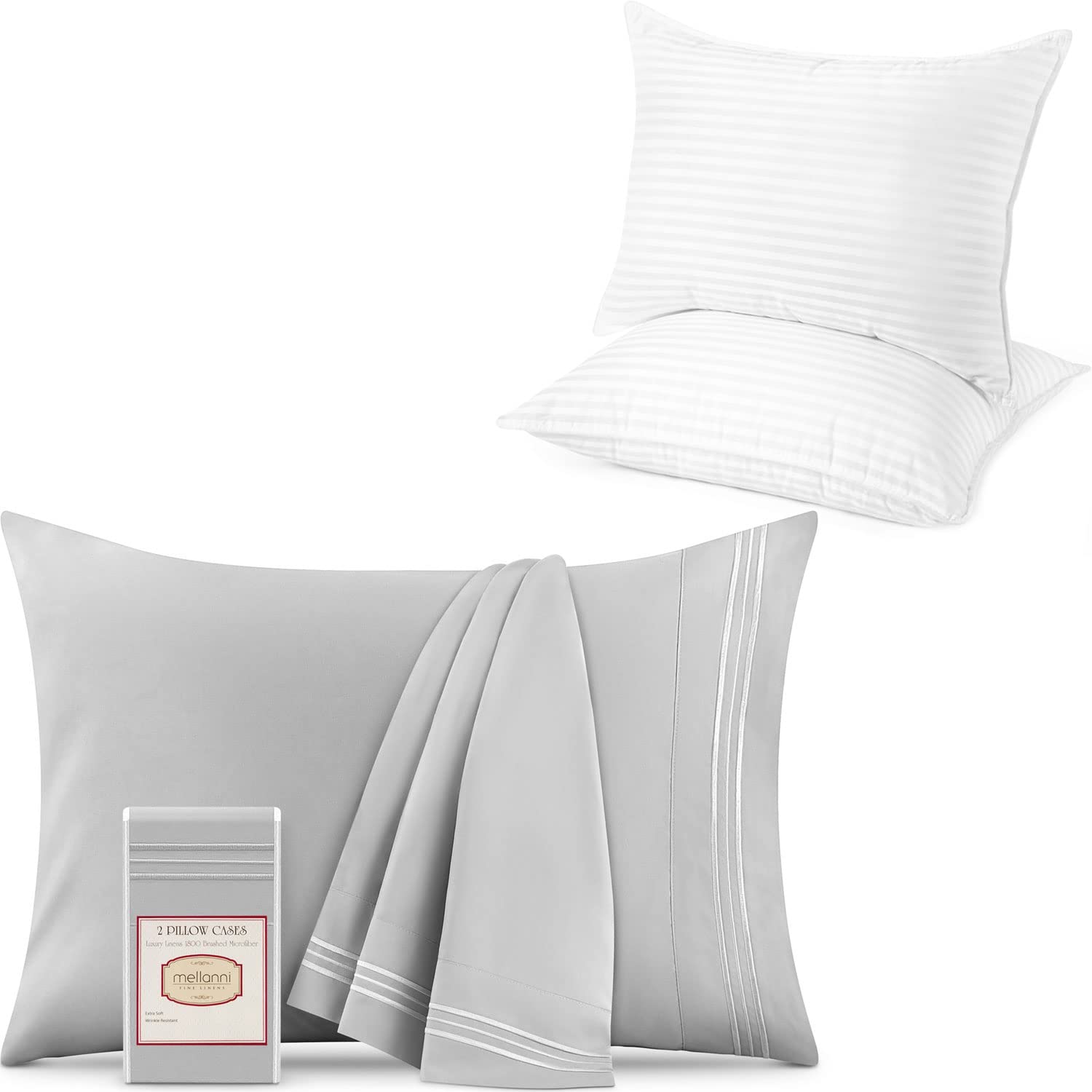 Mellanni 2 Pillow Cases + 2 Pillows Bundle&Save - Bundle Includes: Set of 2 Pillow Cases Standard Size 20" x 30" and Set of 2 Pillows Queen Size 20" x 28" (Standard/Queen, Light Gray/White)
