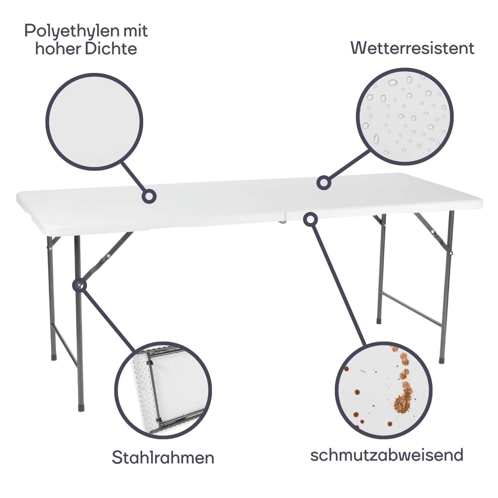 Perel Klapptisch, zusammenklappbar, wetterfest, mit Griff, ideal für Picknick, Camping, Grillen, Party, perfekt für den Innen- und Außenbereich,