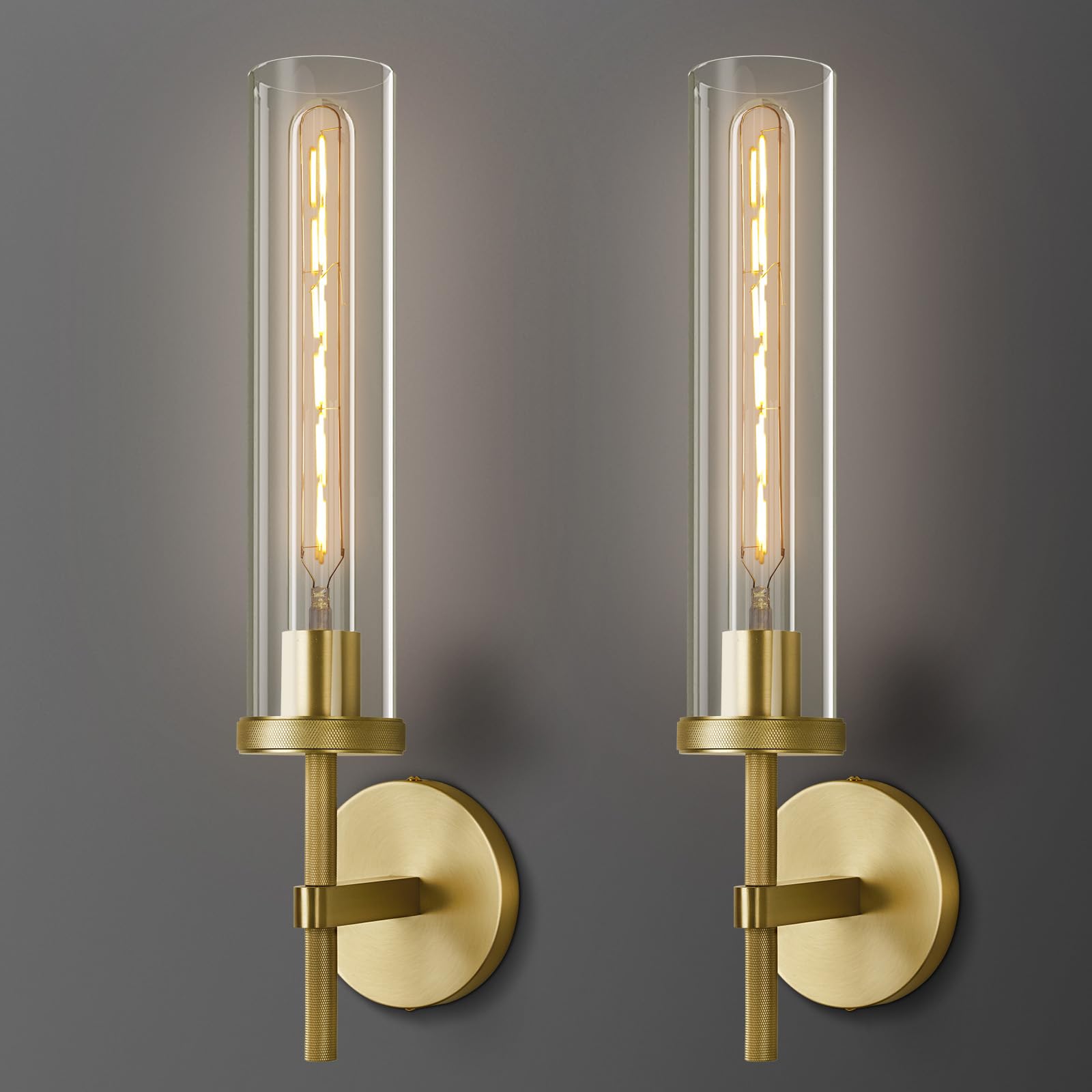 Photo 1 of Gold Wall Sconces Set of Two, 19.48" Knurled Gold Wall Lighting with Glass Tube, Modern Brass Sconces Wall Lamp for Bedroom Living Room Bathroom Hallway Staircase & Vanity Mirror(Including Bulb)