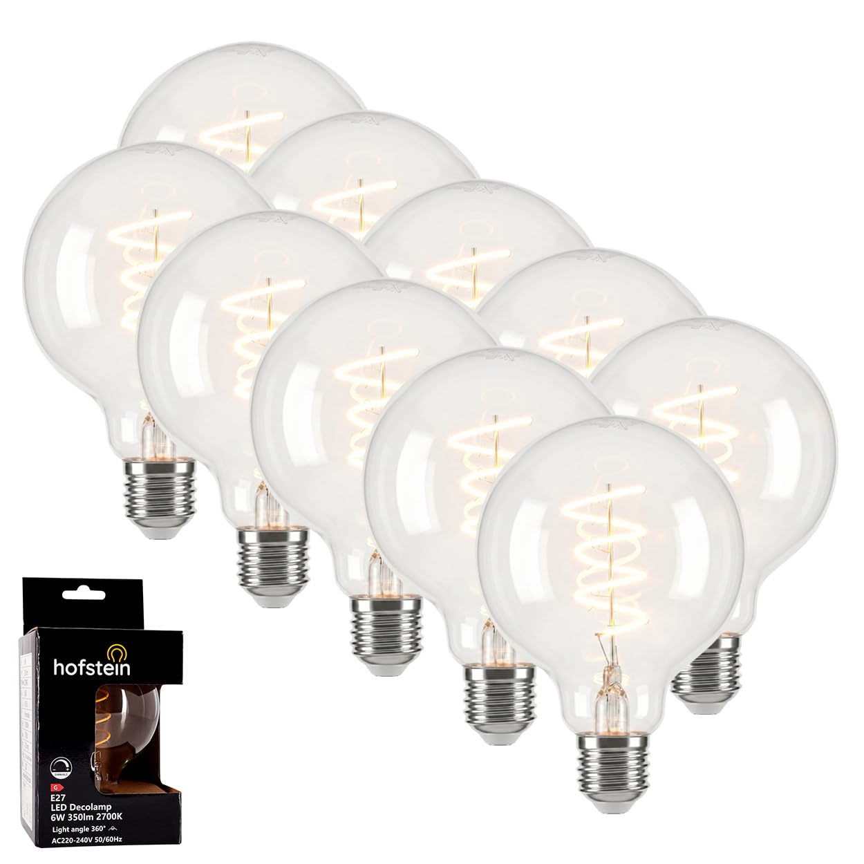 HOFSTEIN E27 LED Warmweiss Glühbirne 10er Set 6 Watt Vintage Kugel groß Leuchtmittel mit Filament Klar 2700 Kelvin 350 Lumen Dimmbar für Wohnraum Beleuchtung, G95