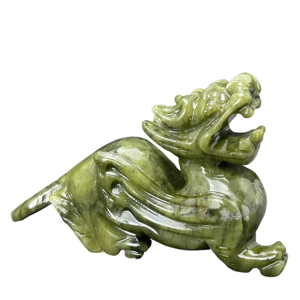 Huffa 1Pc Natural Green Jade Beast Carving Feng Shui Statue Hand-Carved Auspicious Decor
