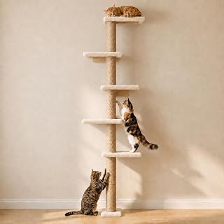 Wall Mounted Cat Tree, 80" Tall Cat Climbing Tower with Sisal Scratching Post & 5 Perches, Space Saving Cat Wall Furniture for Indoor Cats, Vertical Cat Wall Shelves and Perches, Beige | For Cats