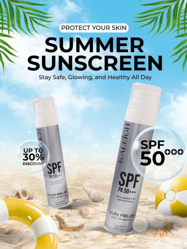 Image of KALEIGH Sunscreen SPF 50 PA+++ | Protection Against UVA & UVB | Water & Sweat Resistant, No White Cast, Non Greasy | Lightweight & Fast Absorbing for All Skin Types | Broad Spectrum Sun Relief Sunscreen for Men & Women| 50ml