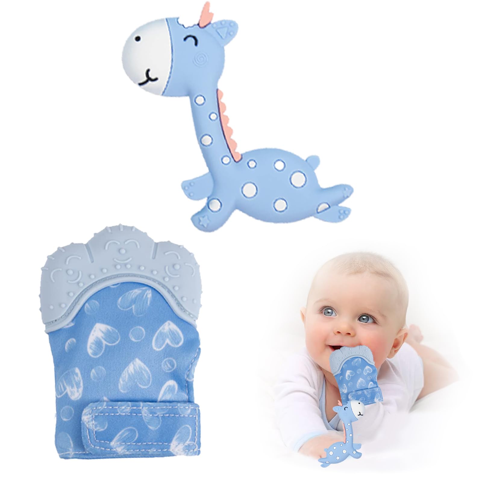 2 Pack Baby Teething Set - Teething Mitten & Giraffe Teething Toy for Soothing Pain Relief, Blue