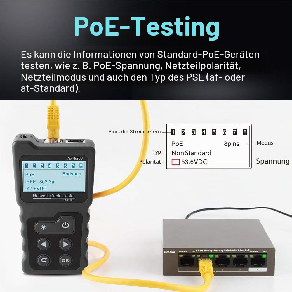 Netzwerkkabeltester NF-8209 Draht-Tracker Netzwerkwerkzeug Scan-Kabel Wiremap Tester CAT5 CAT6 Kabellängenmessung, PoE Testing, NCV Funktion