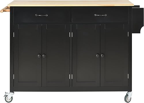 Miniatura 9 de CITYLIGHT Carrito de isla de cocina con parte superior de madera maciza y ruedas de bloqueo, carrito de cocina con armario de 4 puertas, 2 cajones