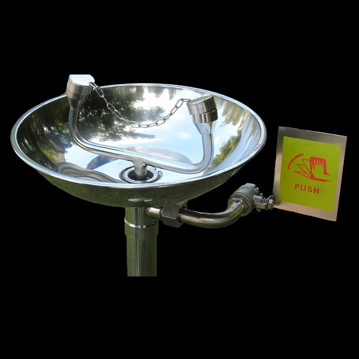 Laboratory Emergency Eye Wash Station with Hand Pushing Board and Nozzle Dust Cover, Vertical Type Eye Flush Shower for Chemical Plant Industrial Use