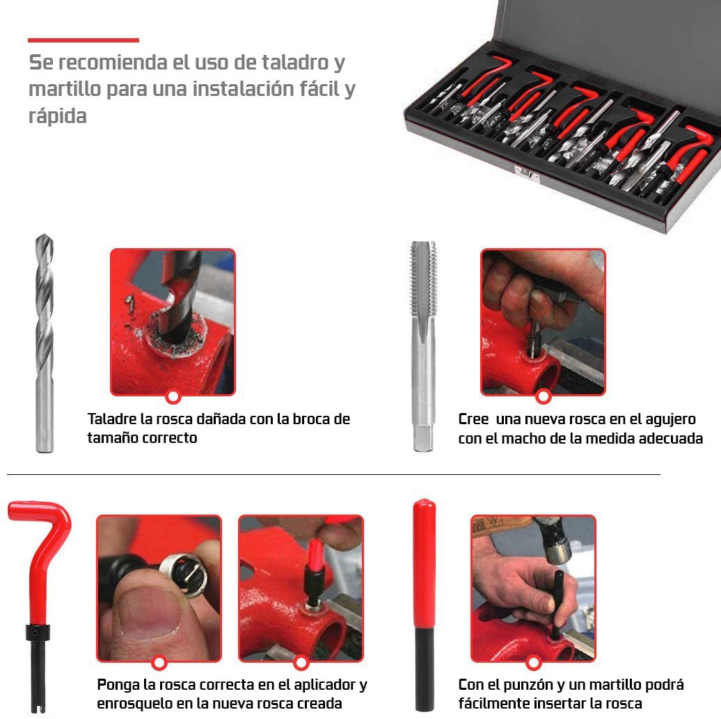 Juego de Reparación de Roscas, Kit Helicoil M5 M6 M8 M10 M12, 131 piezas | ROSCAS DAÑADOS HELICOIDALES HELICOIL Dientes PASADOS DE Tuerca