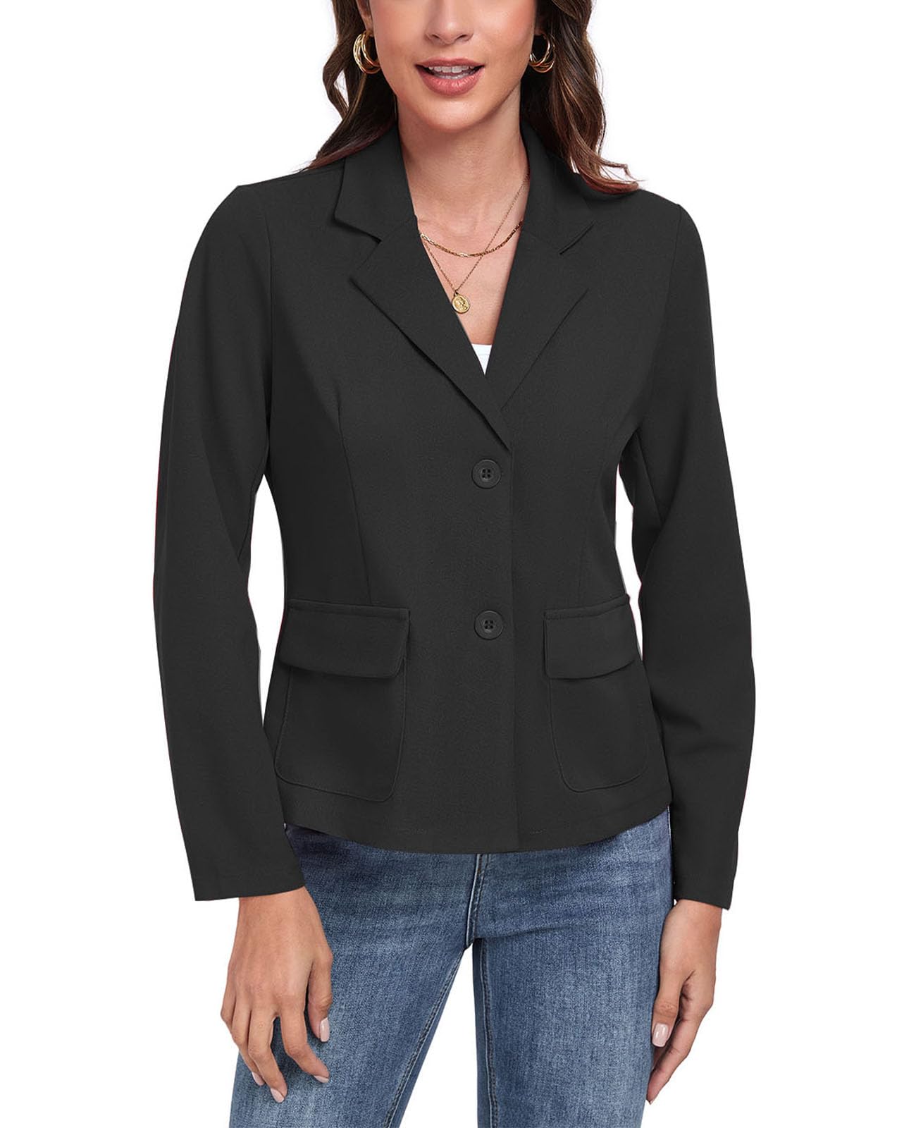 Damen-Blazer, lässig, langärmelig, Knopfleiste, Revers, Arbeit, Büro, Business, Blazer mit Taschen