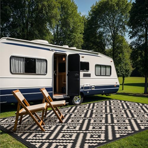 Image of GENIMO Outdoor Rug, Waterproof Plastic Rugs 10'x14' for Camping Black Beige | Outside Larger Modern Carpet Mat for Patio Decor, RV, Porch, Camper, Deck, Picnic, Beach, Backyard, Reversible, Foldable