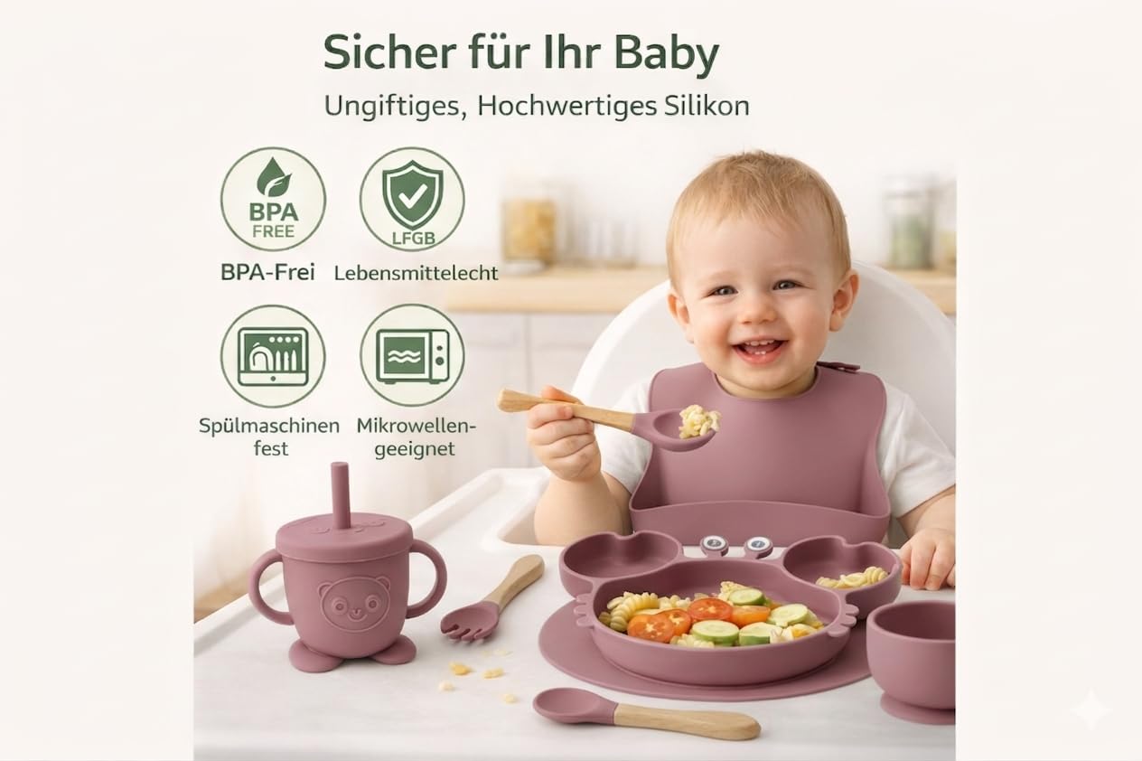 Eliano Set di 6 pezzi in silicone per bambini con piatto per granchio – stoviglie antiscivolo con ventosa, tazza con cannuccia, cucchiaio, forchetta e bavaglini – senza BPA, lavabile in lavastoviglie