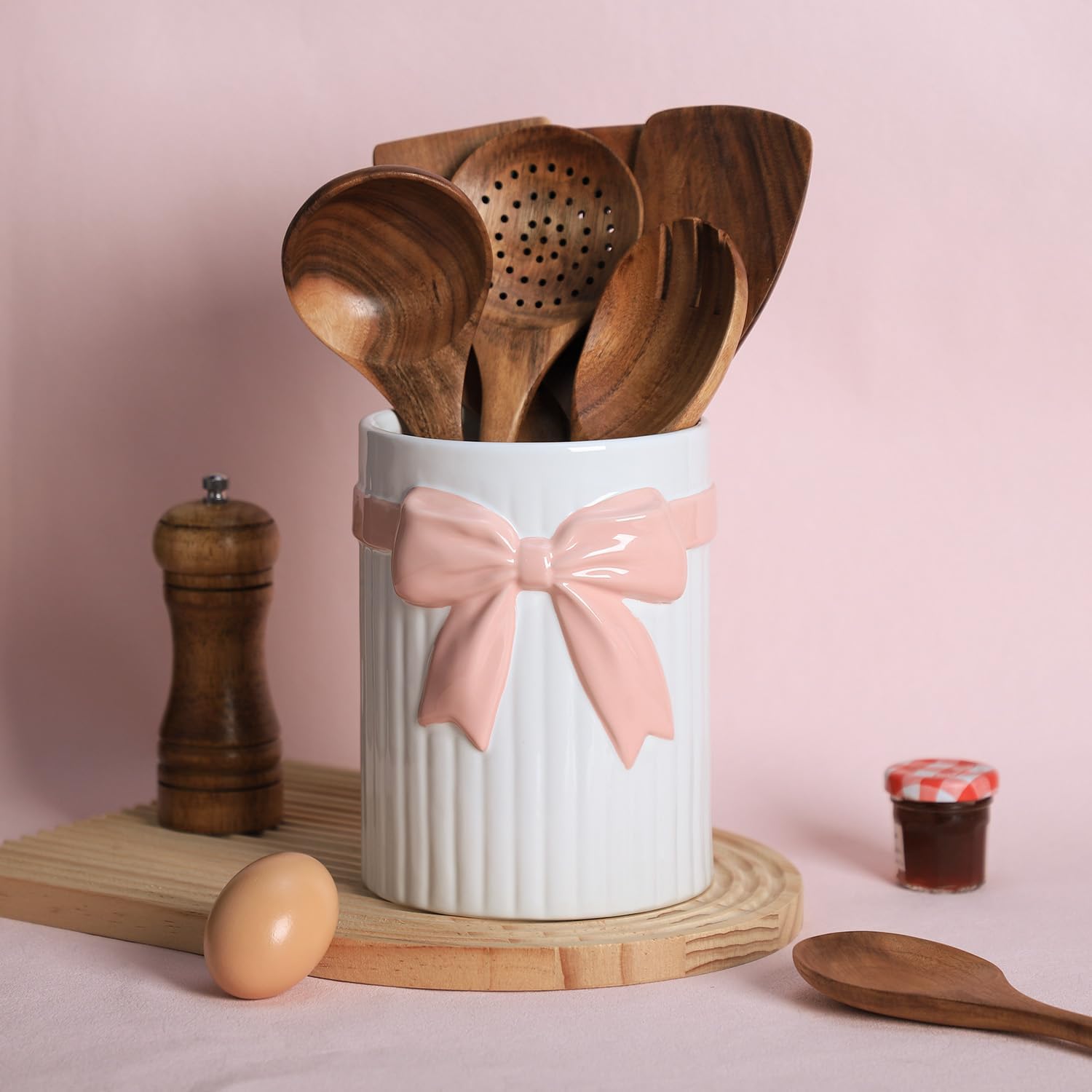 SOCOSY White Ceramic with Pink Bow-knot Kitchen Utensil Holder For Countertop, Large Cooking Utensil Crock Holder Spatula Holder