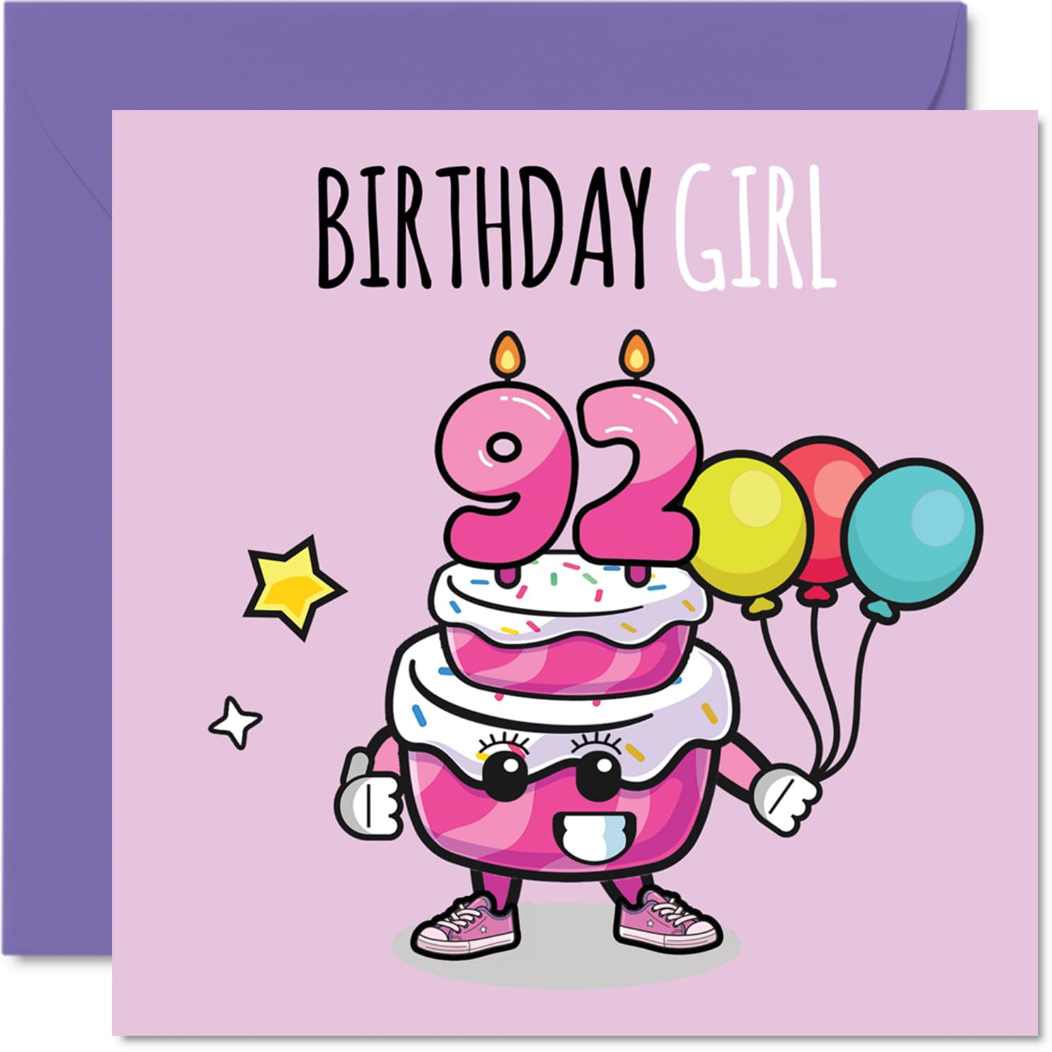 92nd Birthday Cards for Women - Birthday Cake Girl Balloons - Happy Birthday Card for 92 Year Old Woman Wife Gran Nana Auntie, 145mm Bday Greeting Cards