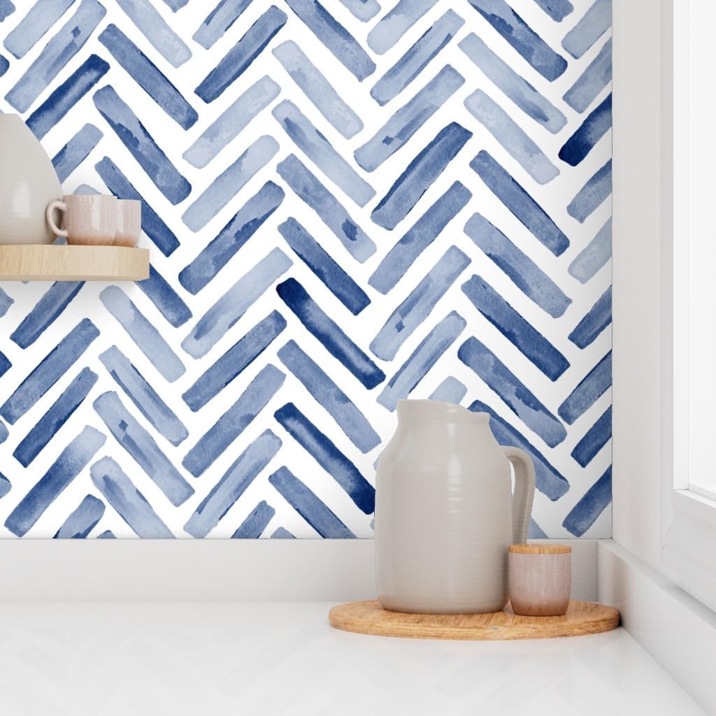 Peel & Stick Wallpaper 3ft x 2ft - Indigo Blue Painted Chevron Boys Winter Ocean Custom Removable Wallpaper by Spoonflower