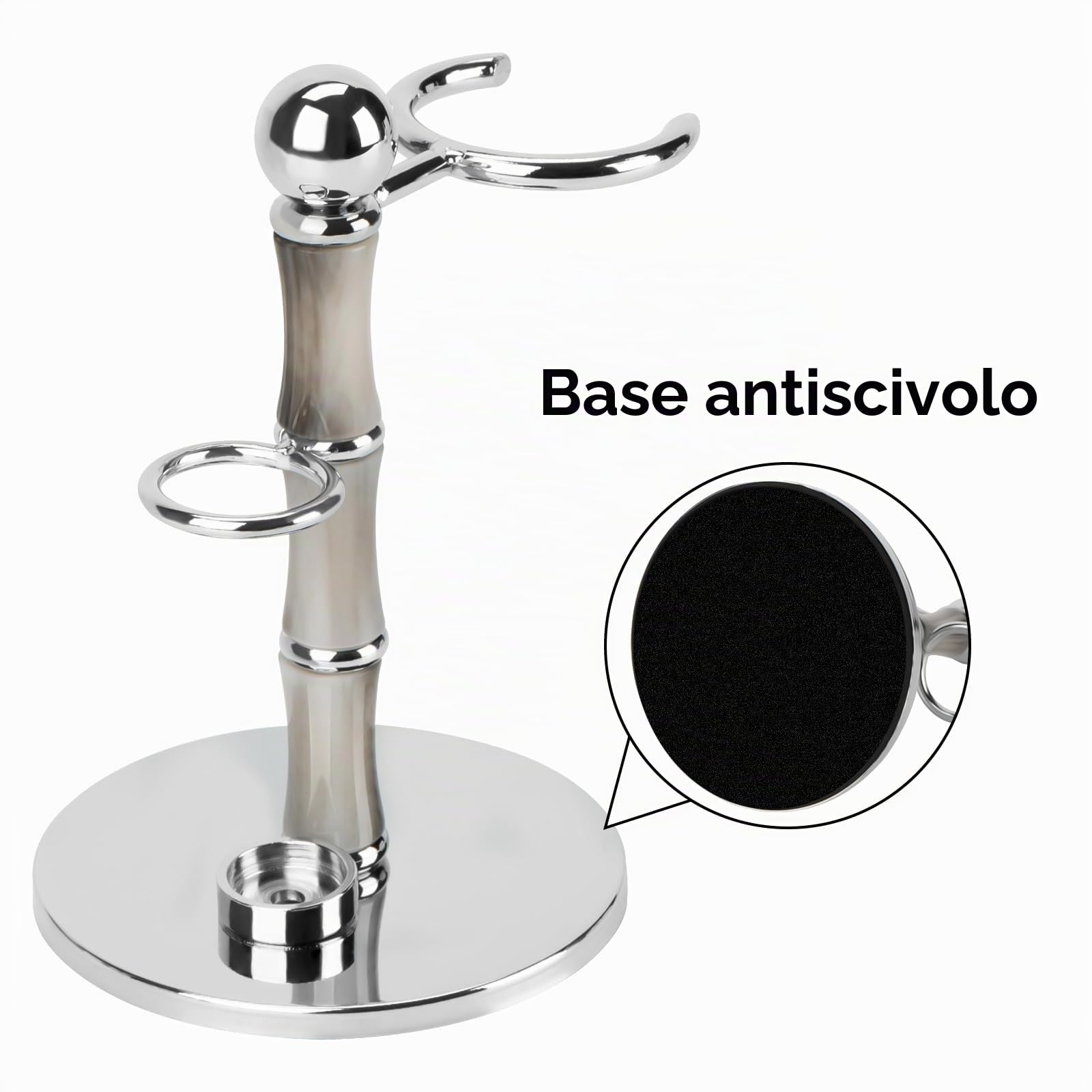 Linkidea supporto in acciaio inox per rasoio di sicurezza e pennello da barba, base antiscivolo, design stile bambù, antiruggine da appoggio, compatibile con Vikings Blade Chieftain e Odin (Grigio)