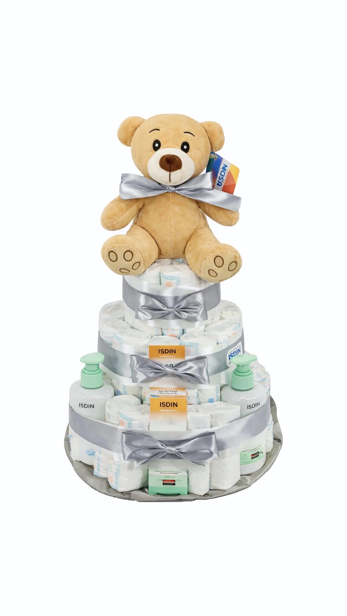 Tarta de pañales con productos Nutraisdin color gris (Talla 2 (3-6 kg)) by MomentosGourmet. Regalo para bebé muy práctico. Cesta Canastilla recién nacido. Diaper Cake