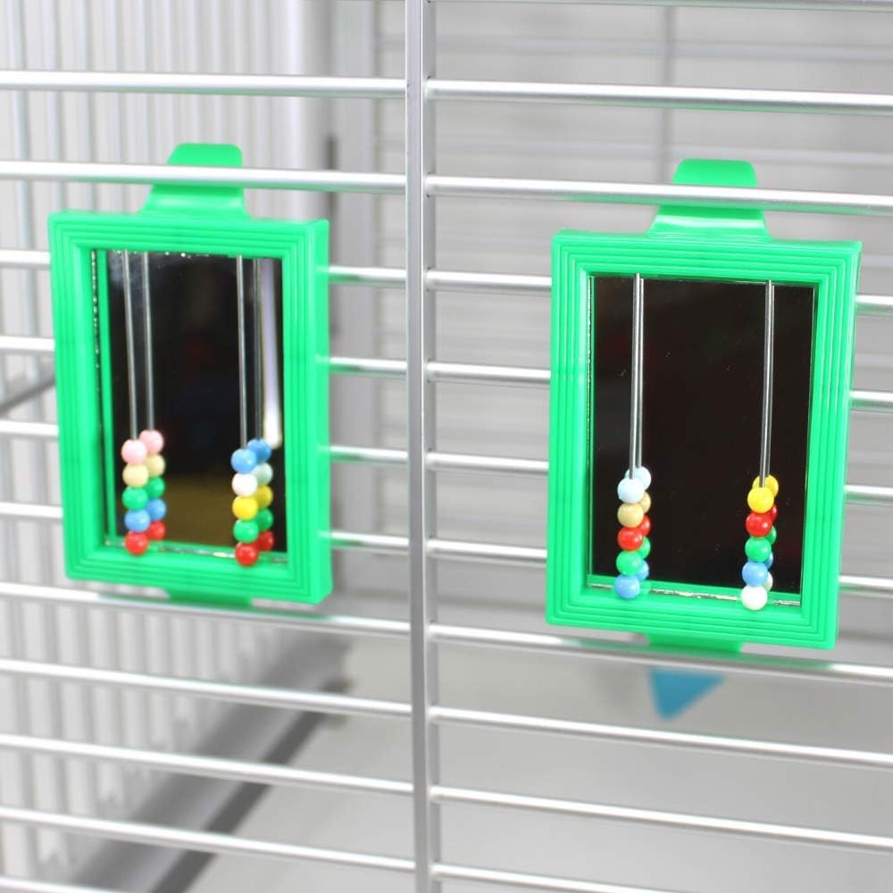 Bonka Bird Toys Clip Mirror Colorful Reflective Cage Bar Colorful Budgie Finch Cockatiel Parakeet ((2) Pack, Green Clip Mirror)
