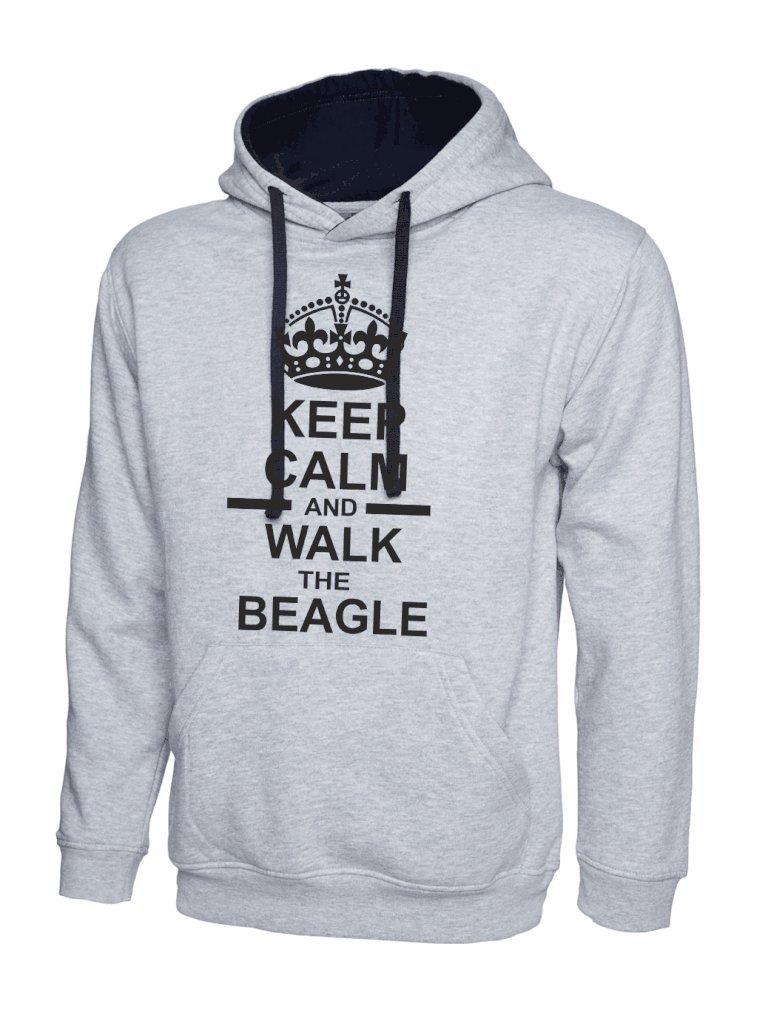 Keep Calm Contrast Sweatshirts Men's Heather Grey Keep Calm And Walk The Beagle Dog In & Navy Blue Contrast Hoody