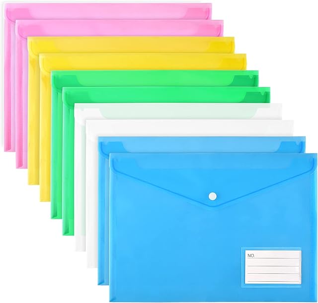 Plastic Wallets A4, TOYESS 10 Pack Folders for Paperwork A4, Clear Assorted Colours Plastic Document Folders Wallets with Popper for School Office Home Travel