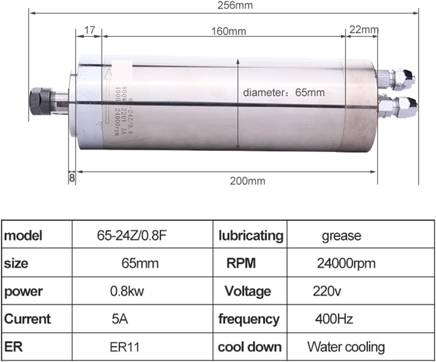 800W Water-Cooled Motor ER11 220V Woodworking 0.8kw 400Hz Computerized Numerical Control Milling Machine Water-Cooled D=65mm 4 Bearing